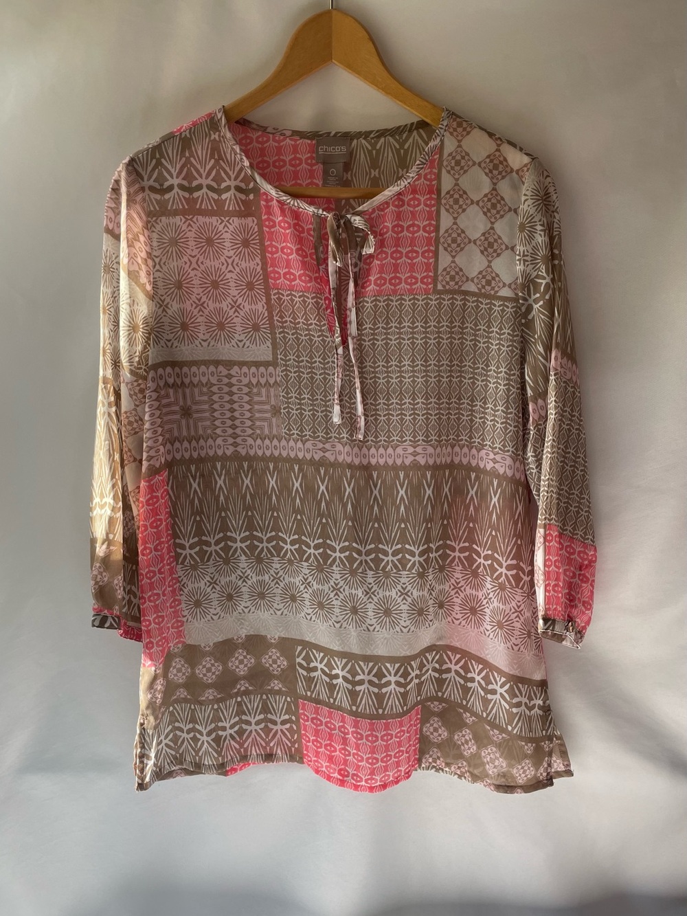 Chico's Patchwork Print Tie-Neck Tunic in Pink & Beige